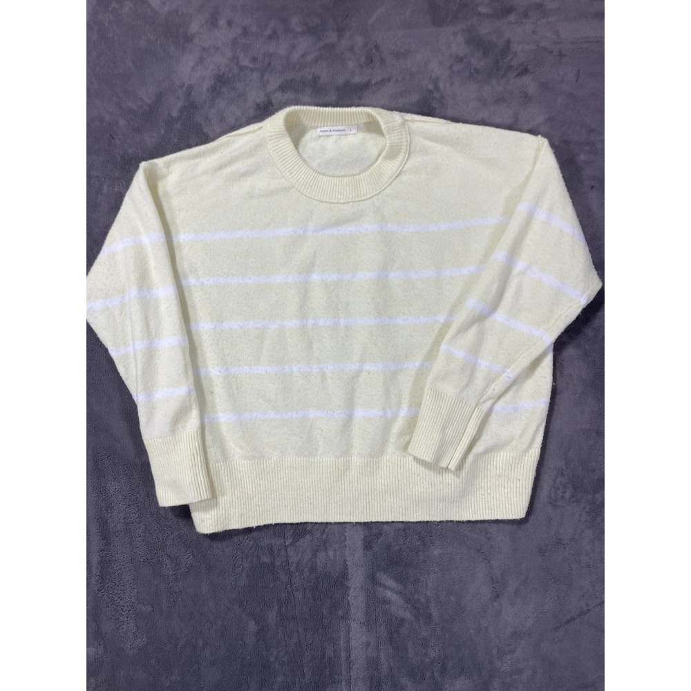 Moon & Madison Striped Crewneck Sweater Large Yellow White Soft Knit